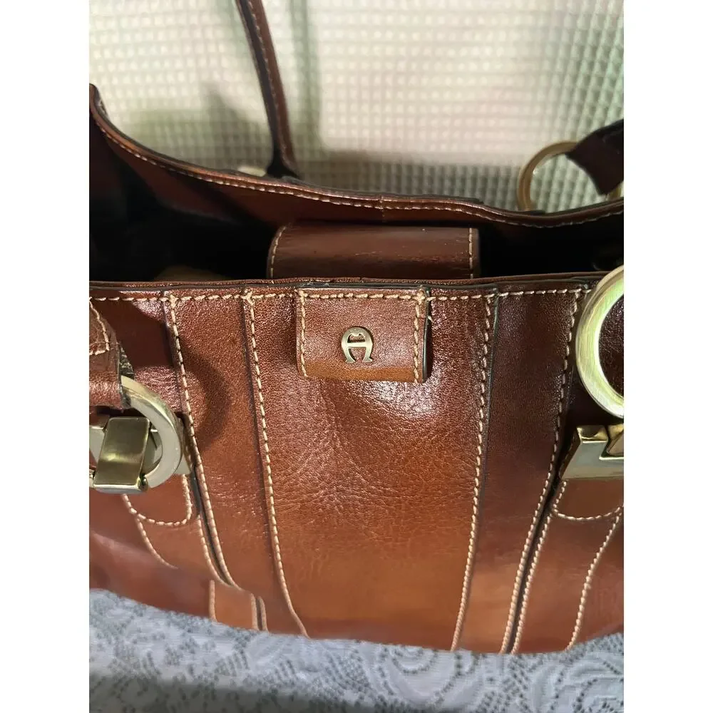 Etienne Aigner Brown Genuine Leather Satchel Handbag Double Handle Gold
